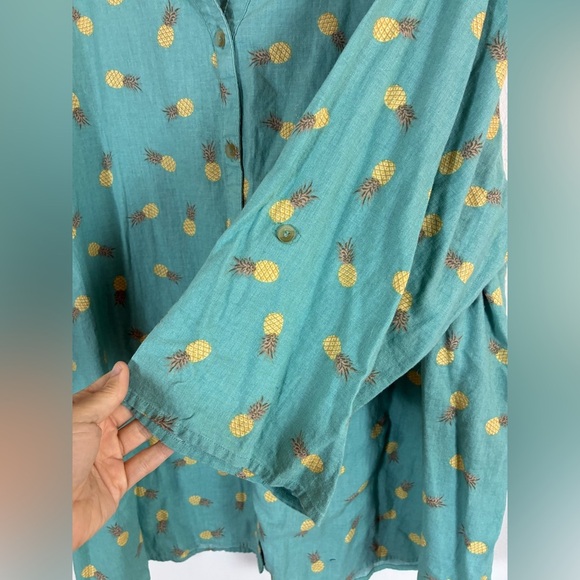 Catherines Tunic Top Womens 2X Pineapples Linen Blend Button Up Teal - Picture 6 of 7